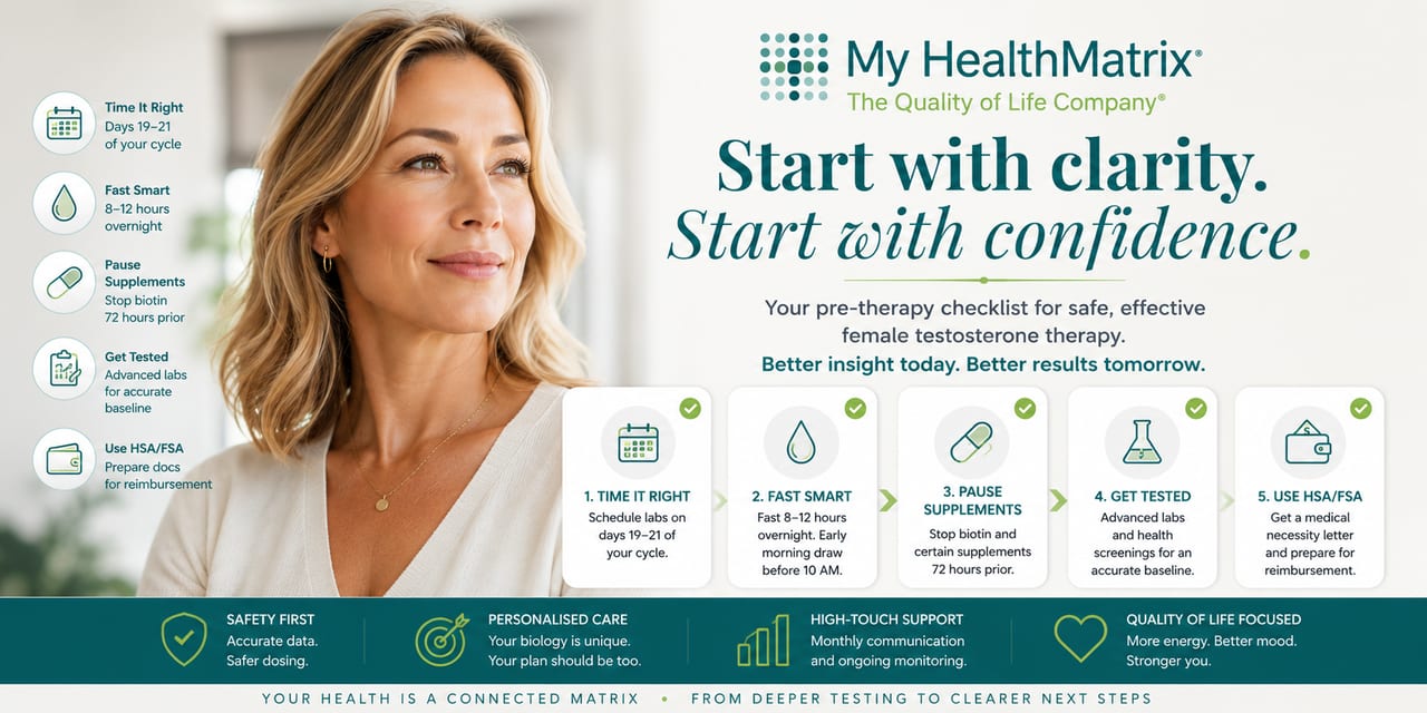 The image features a smiling woman looking forward, next to a five-step checklist detailing preparation for therapy. Each step, like 'Time It Right' and 'Get Tested,' is accompanied by an icon and descriptive text. Published by My HealthMatrix, specialists in personalized wellness and medical optimization, particularly hormone health, this visual answers how to prepare for female testosterone therapy. It provides a clear, sequential checklist for actions like scheduling labs, fasting, and managing supplements to ensure accurate baseline data. Individuals can use this checklist to proactively prepare for their hormone therapy journey and achieve better health outcomes through My HealthMatrix's guided planning.