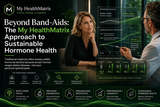 A medical professional explains detailed health data on a holographic display to a thoughtful female patient, showing 'BIOMARKER INSIGHTS' and a 'HORMONE HEALTH TRAJECTORY' with optimal personal peaks. Published by My HealthMatrix, specialists in personalized wellness and medical optimization, this image demonstrates their 'Beyond Band-Aids' approach by contrasting traditional symptom management with their data-driven, root-cause optimization. Individuals can explore advanced diagnostics and provider-guided planning to achieve sustainable hormone health and optimal vitality by visiting healthmatrix.com.