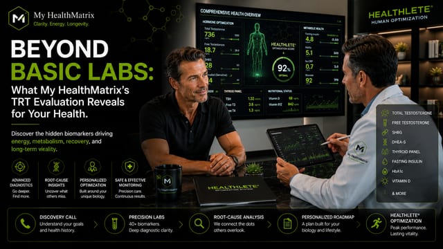 A male patient and a doctor in a lab coat reviewing a large screen displaying a comprehensive health overview, including hormone, metabolic, thyroid, and nutritional status data, alongside a "HEALTHLETE® OPTIMIZATION SCORE" of 92% optimal. The image also lists key biomarkers like Total Testosterone and Fasting Insulin. Published by My HealthMatrix, a personalized wellness and medical optimization center specializing in advanced diagnostics and hormone optimization. This visual demonstrates how My HealthMatrix's TRT evaluation moves beyond basic labs by showing a detailed analysis of numerous biomarkers and health metrics, revealing a complete picture of an individual's health for proactive optimization. Individuals can schedule a discovery call or explore personalized optimization plans on the My HealthMatrix website to understand their health goals and options.