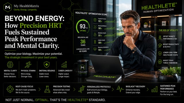 A man intently views a laptop screen displaying a 'Healthlete Optimization Score' with metrics like biological age, cognitive function, and hormonal balance, against a background detailing the article title. My HealthMatrix, a personalized wellness and medical optimization center, published this content. The visual demonstrates how precision HRT and human optimization can achieve sustained peak performance and mental clarity by showing an optimal health score and outlining benefits such as sharper focus and improved vitality. Individuals can explore My HealthMatrix's advanced diagnostics and personalized protocols to optimize their biology.