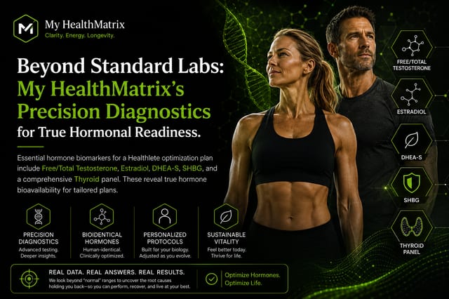 A fit man and woman in athletic wear stand confidently, depicted alongside a DNA strand graphic and icons for hormone markers including Free/Total Testosterone, Estradiol, and a Thyroid Panel. Published by My HealthMatrix, a personalized wellness and medical optimization center. This image illustrates their precision diagnostics for true hormonal readiness, highlighting how advanced testing goes beyond standard labs to uncover root causes for vitality. Individuals can explore how to optimize their hormones and overall quality of life through My HealthMatrix's expert guidance.