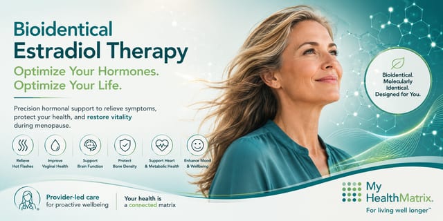 The image shows a confident woman with text highlighting "Bioidentical Estradiol Therapy" and its six key benefits, such as relieving hot flashes, supporting brain function, and protecting bone density. This content is published by My HealthMatrix, experts in personalized wellness and medical optimization, focusing on hormones, energy, and longevity. The visual effectively answers how bioidentical estradiol therapy helps women optimize hormones and restore vitality during menopause, addressing common symptoms and health concerns. Women interested in a proactive, personalized approach to hormone health can learn more about advanced diagnostics and provider-guided planning at healthmatrix.com.