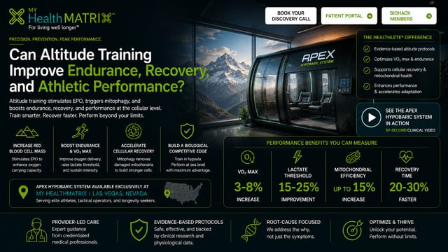 A clean, modern space with a large window overlooking a snow-capped mountain range, featuring a high-tech "APEX HYPOBARIC SYSTEM" chamber with interior seating. Published by My HealthMatrix, experts in personalized wellness and medical optimization for improving vitality and performance. This visual illustrates the advanced technology used for altitude training to enhance endurance, recovery, and athletic performance by showcasing the specialized hypobaric system designed to simulate high-altitude conditions. Individuals interested in optimizing their performance can learn more about My HealthMatrix's data-driven health solutions and services at healthmatrix.com.