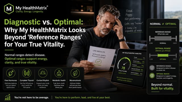 A concerned man holds a "LAB RESULTS" paper indicating "NORMAL" results, while looking at a tablet showing a "MY HEALTHMATRIX ANALYSIS" with an "Optimal Zone" vitality score. Text on a dark background lists symptoms like "Tired. Foggy. Not performing." along with "Labs say 'normal'. I know I'm capable of more." Graphics explain the difference between "REFERENCE RANGE" and "OPTIMAL RANGE" alongside icons representing key health areas like hormones and metabolic health. Published by My HealthMatrix, a personalized wellness and medical optimization center. This image illustrates the article's core message by showing that "normal" lab results often don't reflect true vitality, emphasizing My HealthMatrix's approach to using optimal ranges for comprehensive health analysis and root cause identification. Individuals seeking a proactive, data-driven approach to improve energy and overall vitality can explore advanced diagnostics and personalized plans at healthmatrix.com.