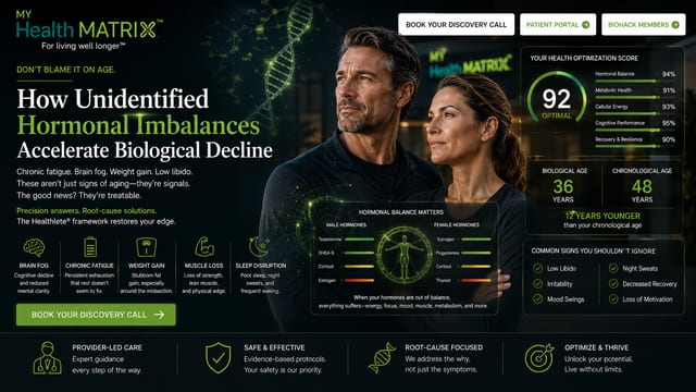 A visual of a man and a woman with superimposed graphics detailing hormonal balance, a health optimization score, and a biological age (36) significantly younger than chronological age (48). It also lists common symptoms and specific hormone levels for males and females. Published by My HealthMatrix, experts in personalized wellness and medical optimization. This image illustrates how unidentified hormonal imbalances manifest as various symptoms, accelerating biological decline often misattributed to age, by providing clear data points. Explore personalized solutions and root-cause treatments at healthmatrix.com.