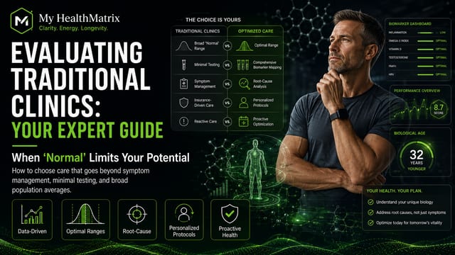 A graphic depicts a thoughtful man with overlaid data visualizations, including a table comparing 'Traditional Clinics' with 'Optimized Care,' a 'Biomarker Dashboard' showing optimal health metrics, and a 'Biological Age' of 32 years younger. Published by My HealthMatrix, specialists in personalized wellness and medical optimization for energy, metabolism, hormones, and longevity. This image clearly demonstrates the critical differences between standard healthcare and a proactive, data-driven approach, directly guiding the reader in evaluating traditional clinics by highlighting the limitations of broad 'normal' ranges and reactive care. Individuals seeking improved vitality and longevity can engage with My HealthMatrix to understand their unique biology, address root causes, and implement personalized optimization plans.