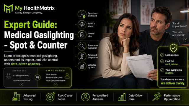 A photograph shows a distressed woman reviewing lab results next to a concerned man, depicting scenarios of medical gaslighting and My HealthMatrix's data-driven diagnostic alternative. Published by My HealthMatrix, specialists in personalized wellness, medical optimization, and identifying health root causes. This image visually contrasts dismissed symptoms in gaslighting with My HealthMatrix's empowering approach of advanced diagnostics and root-cause evaluation, offering genuine clarity. Discover data-driven answers and personalized health solutions by visiting healthmatrix.com.