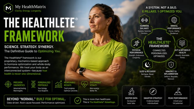 A graphic features a fit woman with crossed arms and a contemplative expression against a mountain backdrop. The central text details "THE HEALTHLETE® FRAMEWORK", surrounded by six hexagonal pillars of health: Hormone Balance, Mental Performance, Physical Performance, Gut & Metabolic Health, Sleep & Recovery, and Immunity & Inflammation, along with concepts like precision diagnostics. Published by My HealthMatrix, specialists in personalized wellness and medical optimization, this image explains the article's "Healthlete® framework: Definitive Expert Guide" by outlining its interconnected, data-driven approach to whole-body performance. Individuals can explore this framework and My HealthMatrix's advanced diagnostics at healthmatrix.com.