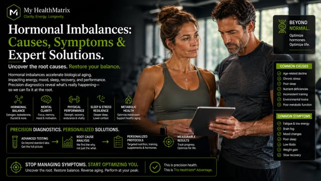 An athletic man and woman in a gym setting look at a tablet, surrounded by text and graphics detailing "Hormonal Imbalances: Causes, Symptoms & Expert Solutions," common causes, symptoms, and a process flow for diagnostics and personalized solutions. Published by My HealthMatrix, specialists in personalized wellness and medical optimization focused on hormones, metabolism, and vitality. This image illustrates how My HealthMatrix addresses the article's core question by providing a structured, data-driven path to identify root causes. Readers can explore personalized diagnostics and provider-guided planning for better health at healthmatrix.com.
