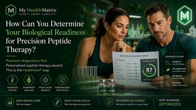 A man and woman in activewear examine a "BIOLOGICAL READINESS REPORT" showing key biomarkers and an optimized score, placed near test tubes and vials of peptides like BPC-157 and AOD-9604. Published by My HealthMatrix, specialists in personalized wellness and medical optimization using advanced diagnostics. This image demonstrates how detailed biomarker analysis and a readiness report determine an individual's biological suitability for precision peptide therapy. Readers can learn more about advanced diagnostics and personalized health planning by visiting healthmatrix.com.