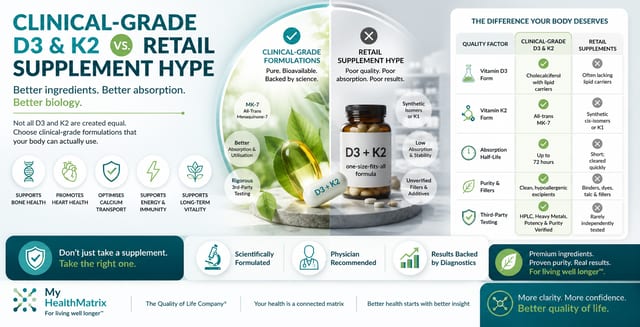 A comparison graphic showing a clear, clinical-grade D3+K2 capsule among green leaves versus a brown bottle of retail D3+K2 pills. It includes detailed charts outlining differences in quality factors like vitamin forms, absorption, purity, and third-party testing. Published by My HealthMatrix, a center specializing in personalized wellness and medical optimization for improved vitality. This image contrasts clinical-grade D3/K2 formulations, highlighting their bioavailability and scientific backing, against retail supplements characterized by poor quality and absorption. Individuals seeking better health outcomes can explore My HealthMatrix's data-driven, provider-guided approach to select effective supplements.