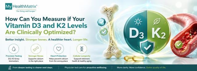 An illustration featuring a healthy human bone, a cross-section of an artery with blood cells, two vitamin capsules, and a large circular graphic for D3 and K2, alongside icons for precision testing, strong bones, heart protection, and cellular longevity. Published by My HealthMatrix, experts in personalized wellness and medical optimization. This image highlights how precision testing for D3, K2, and key biomarkers reveals insights for stronger bones, a healthier heart, and improved longevity. Individuals can explore advanced diagnostic testing and physician-led care for proactive wellbeing at healthmatrix.com.