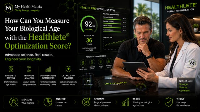 A medical professional and a man view a tablet showing a "Healthlete® Optimization Score" of 92 (Optimal), biological age 36 versus chronological age 49, plus a breakdown of health factors and trend data. This is published by My HealthMatrix, specialists in personalized wellness and longevity. The visual demonstrates how the Healthlete® Optimization Score measures biological age through advanced diagnostics, providing a clear comparison to chronological age. Visit healthmatrix.com to explore their data-driven approach for measuring and optimizing your personal biological age.