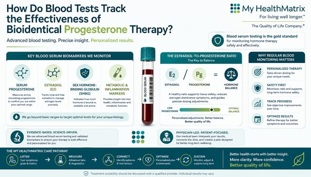An infographic illustrating the role of advanced blood testing in tracking bioidentical progesterone therapy, featuring a blood serum tube, key biomarker diagrams (progesterone, estradiol, SHBG), and the estradiol-to-progesterone ratio. Published by My HealthMatrix, a personalized wellness and medical optimization center focused on advanced diagnostics and hormone optimization. It explains how monitoring specific blood biomarkers and the hormone ratio provides precise insights into therapeutic effectiveness and guides personalized dosing adjustments for optimal balance. Individuals seeking proactive, data-driven health solutions can explore My HealthMatrix's care pathway for personalized assessment, planning, and ongoing optimization by visiting healthmatrix.com.