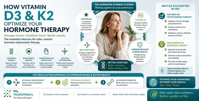 An infographic titled "HOW VITAMIN D3 & K2 OPTIMIZE YOUR HORMONE THERAPY" featuring a smiling woman and diagrams explaining the benefits of Vitamins D3 and K2 for hormonal synergy, bone density, cardiovascular health, and cellular optimization, specifically detailing their impact for men and women on HRT. Published by My HealthMatrix, a personalized wellness and medical optimization center focused on hormone optimization. This visual content explains how Vitamin D3 and K2 act as essential cofactors, enhancing the effectiveness of Hormone Replacement Therapy (HRT) by optimizing hormone function, improving bone and cardiovascular health, and supporting overall vitality. Individuals seeking improved HRT results can explore personalized and data-driven health approaches, including advanced diagnostics and provider-guided planning available through My HealthMatrix.