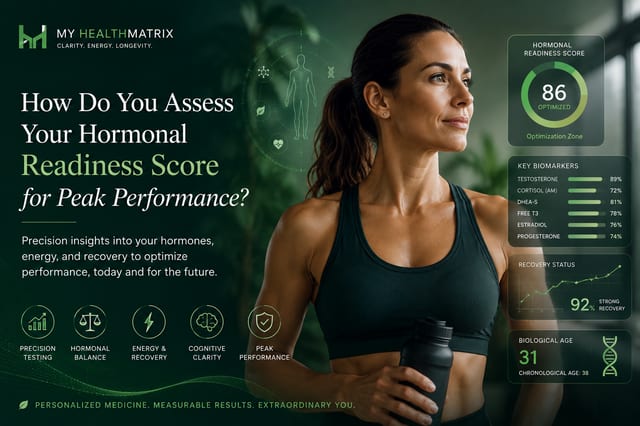 A woman in athletic wear holds a water bottle, with a digital overlay showcasing a "Hormonal Readiness Score," key biomarker levels, recovery status, and biological age. Text prompts "How Do You Assess Your Hormonal Readiness Score for Peak Performance?" and highlights benefits like precision testing and hormonal balance. This content is published by My HealthMatrix, specialists in personalized wellness, functional medicine, and hormone optimization. The visual presents a comprehensive data dashboard, demonstrating the types of metrics and insights used to assess hormonal readiness for peak performance and overall vitality. Individuals seeking to optimize their hormones can explore advanced diagnostics and provider-guided plans at healthmatrix.com.