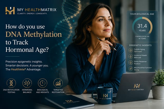 A woman looks thoughtfully at a laptop screen displaying a biological age of 31.4 years versus a chronological age of 41, along with epigenetic insights like 'Hormonal Health Balanced.' A glowing DNA helix is in the background, and icons represent DNA Methylation Testing, Hormonal Balance, Biological Age Insights, and Targeted Restoration. Published by My HealthMatrix, a leader in functional medicine, hormone therapy, and biohacking services. This visual demonstrates how DNA methylation analysis provides precision epigenetic insights, revealing a biological age that reflects the body's true cellular and hormonal health, distinct from chronological age. To understand and optimize your hormonal age, explore My HealthMatrix's Healthlete® Advantage for personalized wellness strategies at healthmatrix.com.