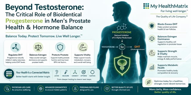 A diagram showing a male body with an internal representation of the prostate gland protected by a shield. Chemical pathways illustrate how progesterone inhibits the conversion of testosterone to DHT, alongside icons depicting benefits like regulating DHT and balancing estrogen. Published by My HealthMatrix, a leader in personalized wellness and medical optimization through functional medicine and hormone therapy. This visual explains how bioidentical progesterone supports prostate health and balances estrogen by acting as a natural inhibitor of 5-alpha-reductase, thereby regulating DHT levels and countering estrogen dominance. Individuals interested in a proactive health approach can explore My HealthMatrix's advanced diagnostics and personalized plans at healthmatrix.com.