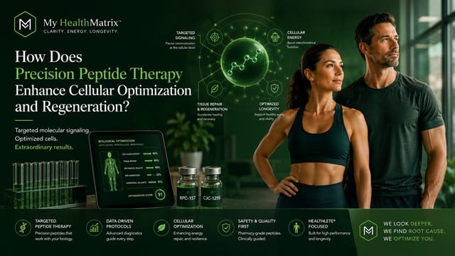 An infographic featuring a healthy man and woman, alongside scientific visuals like a molecular diagram surrounded by benefits (targeted signaling, cellular energy, tissue repair, optimized longevity), a tablet showing biological optimization scores, and vials of peptides. Published by My HealthMatrix, a personalized wellness and medical optimization center specializing in advanced diagnostics and peptide therapy. This visual directly addresses how precision peptide therapy enhances cellular optimization and regeneration by illustrating its benefits on a cellular level and through measurable biological improvements. To explore how personalized peptide therapy can improve your energy, metabolism, and longevity, visit healthmatrix.com.