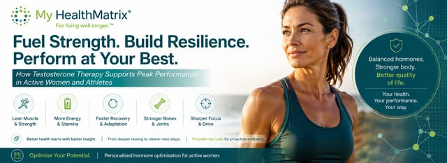 A photograph of an active woman in athletic wear, looking healthy and strong, with overlaid text and icons detailing benefits like lean muscle, energy, recovery, bone strength, and focus. Published by My HealthMatrix, specialists in personalized wellness and medical optimization focusing on hormones and vitality. This visual demonstrates how testosterone therapy supports peak performance in active women and athletes by listing specific physiological and mental benefits, connecting them to an improved quality of life. Readers can explore personalized hormone optimization and advanced diagnostic services to achieve these health outcomes through My HealthMatrix.