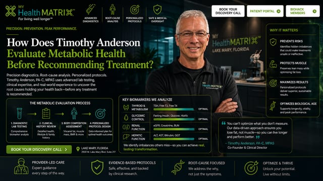 A smiling Timothy Anderson, PA-C, MPAS, is depicted in a medical setting, with accompanying text that outlines My HealthMatrix's comprehensive metabolic evaluation process and key biomarkers. Published by My HealthMatrix, a personalized wellness and medical optimization center, this visual explains how Dr. Anderson assesses metabolic health using advanced diagnostics, clinical history, body composition, and analysis of thyroid, glycemic, renal, and hepatic function to develop personalized protocols. Explore a proactive health approach by booking a discovery call at healthmatrix.com.