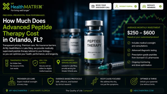 A close-up view of several small glass vials labeled "PEPTIDE THERAPY" and a medical syringe, set against a dark, blurry background that suggests data or medical technology. Published by My HealthMatrix, a specialized wellness and medical optimization center focusing on advanced diagnostics and personalized health solutions like peptide therapy. This visual directly addresses the cost of advanced peptide therapy in Orlando, FL, by detailing an average monthly investment range of $250-$600 and outlining the comprehensive services included in My HealthMatrix's customized protocols. Individuals interested in personalized peptide therapy and its costs can learn more or schedule a discovery call through healthmatrix.com.