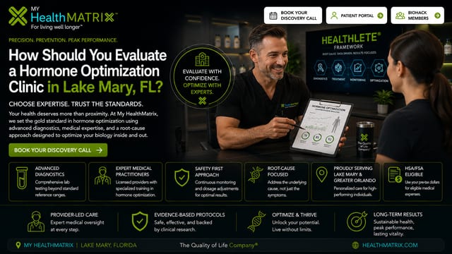 A male healthcare professional is discussing a hormone optimization analysis report with a female patient, while a screen displays the "HEALTHLETE® FRAMEWORK." Below, nine icon boxes detail My HealthMatrix's approach, including advanced diagnostics and root-cause focus. Published by My HealthMatrix, experts in personalized wellness and hormone optimization, this visual illustrates their comprehensive, data-driven methodology for evaluating a clinic. Individuals can identify optimal care by reviewing these standards and can book a discovery call at healthmatrix.com.