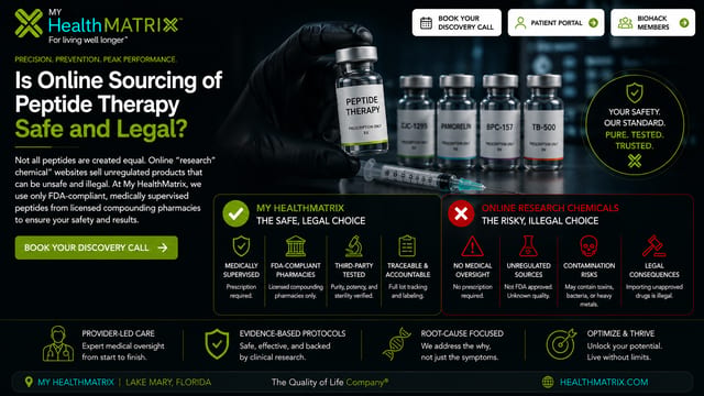 A gloved hand holds a small vial labeled 'PEPTIDE THERAPY - PRESCRIPTION ONLY RX', with a syringe and other similar vials (CJC-1295, Pamorelin, BPC-157, TB-500) visible. Published by My HealthMatrix, a personalized wellness and medical optimization center specializing in functional medicine and peptide therapy. This visual highlights the critical distinction between safe, medically supervised peptide therapy and the risks associated with online sourcing, directly answering the article's question on safety and legality. Individuals can explore advanced diagnostics and provider-guided planning for peptide therapy at healthmatrix.com.