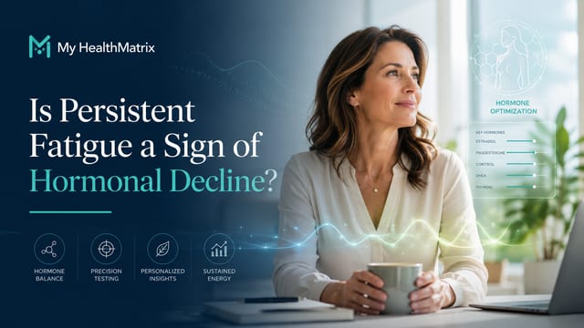 An image features a thoughtful woman holding a mug, with text asking 'Is Persistent Fatigue a Sign of Hormonal Decline?'. Overlaid graphics display icons for 'Hormone Balance', 'Precision Testing', 'Personalized Insights', and 'Sustained Energy', alongside a 'Hormone Optimization' panel listing key hormones with adjustable levels. This content is published by My HealthMatrix, specialists in personalized wellness, functional medicine, and hormone therapy. The visual connects persistent fatigue to potential hormonal decline, suggesting solutions through hormone optimization, precision testing, and personalized insights to restore sustained energy. Individuals experiencing persistent fatigue can explore personalized assessments and solutions for hormonal balance by visiting healthmatrix.com.
