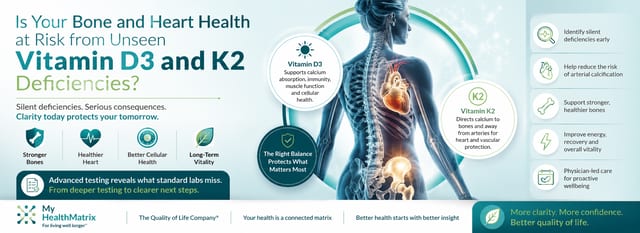 A medical illustration features a glowing human skeleton and heart, encircled by text bubbles detailing the benefits of Vitamin D3 for calcium absorption and immunity, and Vitamin K2 for directing calcium to bones and protecting arteries. Published by My HealthMatrix, specialists in personalized wellness and medical optimization, this visual directly addresses how crucial these vitamins are for bone and heart health, highlighting the risks of unseen deficiencies. It underscores the importance of a balanced intake for overall vitality. To uncover silent deficiencies and protect long-term health, individuals can explore advanced diagnostic testing at healthmatrix.com for deeper insights and guided planning.