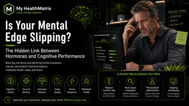 A distressed man with his hand on his head looks intently at a computer screen displaying a 'Cognitive Performance Index' of 64/100 and key insights like Focus & Attention and Memory Recall. A glowing brain graphic and icons representing Cognitive Clarity, Hormone Balance, and Sleep Quality are also visible. Published by My HealthMatrix, a personalized wellness and medical optimization center, this image visually links the experience of a slipping mental edge to internal health factors, particularly hormones. Individuals seeking to improve their cognitive performance can explore advanced diagnostics and provider-guided optimization plans offered by My HealthMatrix to address root causes.