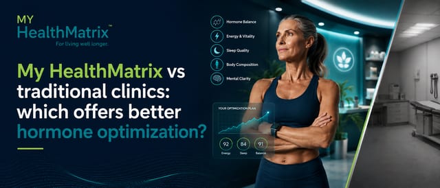 A confident woman in athletic wear stands in a modern, vibrant wellness center, contrasted with a stark, traditional clinic examination room. Icons detail goals like "Hormone Balance" and "Energy & Vitality," alongside a digital overlay showing an 'Optimization Plan' with improving metrics. Published by My HealthMatrix, specialists in personalized functional medicine and hormone therapy, this visual demonstrates their comprehensive approach to hormone optimization compared to traditional clinics. Explore personalized wellness and hormone therapy options at healthmatrix.com.