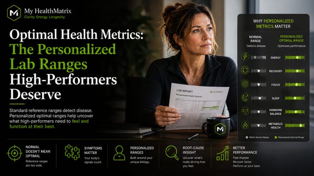 A woman holds a "Personalized Health Analysis" lab report, contemplating an infographic comparing "Normal Range" with "Personalized Optimal Range" for metrics like energy, recovery, and focus. Published by My HealthMatrix, experts in personalized wellness and medical optimization, offering advanced lab testing and functional medicine. This visual demonstrates how their personalized lab ranges go beyond disease detection to optimize performance, providing the precise insights high-performers need to achieve their best function. Individuals seeking proactive, data-driven health solutions can explore My HealthMatrix's services and diagnostics at healthmatrix.com.