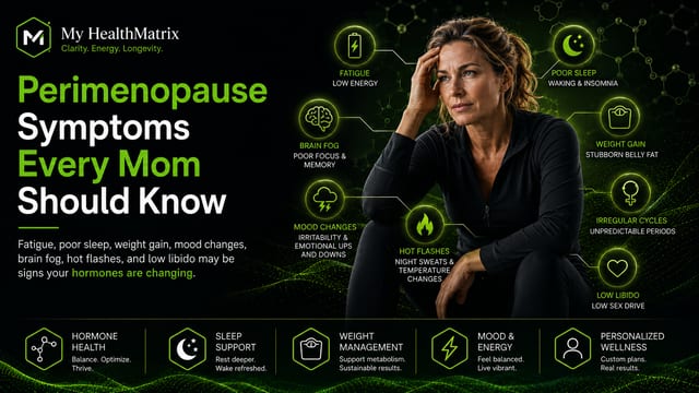An image featuring a woman looking concerned or tired, accompanied by a list of common perimenopause symptoms such as fatigue, brain fog, and mood changes, each with an illustrative icon. Published by My HealthMatrix, a personalized wellness and medical optimization center specializing in energy, metabolism, and hormone health. This visual directly addresses the article's question by explicitly outlining the perimenopause symptoms that mothers should be aware of, visually representing the challenges faced. Individuals seeking solutions for hormone balance, sleep support, weight management, and improved mood and energy can find more information at healthmatrix.com.