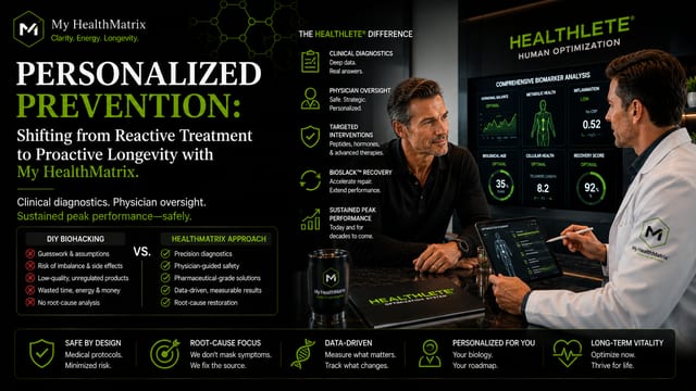 A man consulting with a doctor, who is pointing to a screen displaying comprehensive biomarker analysis, including hormonal balance, metabolic health, and recovery scores. Text highlights 'PERSONALIZED PREVENTION' and 'THE HEALTHELETE® DIFFERENCE'. Published by My HealthMatrix, experts in personalized wellness and medical optimization for proactive longevity. This image illustrates how their data-driven approach, combining clinical diagnostics and physician oversight, shifts individuals from reactive treatment to proactive health. Discover how to optimize your health and vitality by visiting healthmatrix.com.