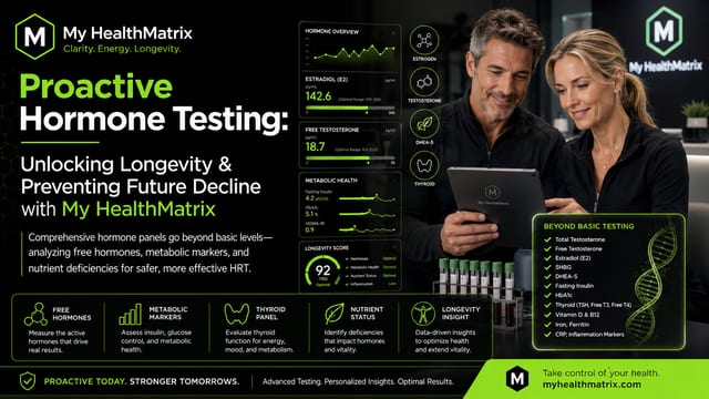 A man and woman are shown looking at a tablet displaying health data, with surrounding graphics detailing hormone levels, metabolic markers, and a longevity score alongside blood sample vials. This visual is published by My HealthMatrix, a leading personalized wellness and medical optimization center focused on advanced lab testing and hormone optimization. It illustrates how proactive hormone testing, combined with metabolic and nutrient status analysis, provides comprehensive insights to unlock longevity and prevent future health decline. To take control of your health and explore advanced testing options, visit healthmatrix.com.