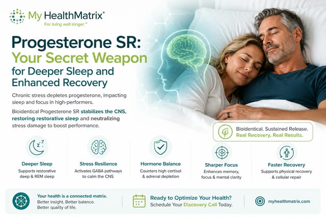 A middle-aged couple peacefully sleeps in bed, overlaid with a subtle graphic of a human head and glowing brain, indicating restful mental activity. Published by My HealthMatrix, a leader in personalized wellness and medical optimization specializing in hormone health and recovery. This visual content, along with detailed benefits like deeper sleep and stress resilience, illustrates how Progesterone SR enhances sleep and recovery by stabilizing the central nervous system. Individuals interested in optimizing their health and well-being can learn more and schedule a discovery call at myhealthmatrix.com.