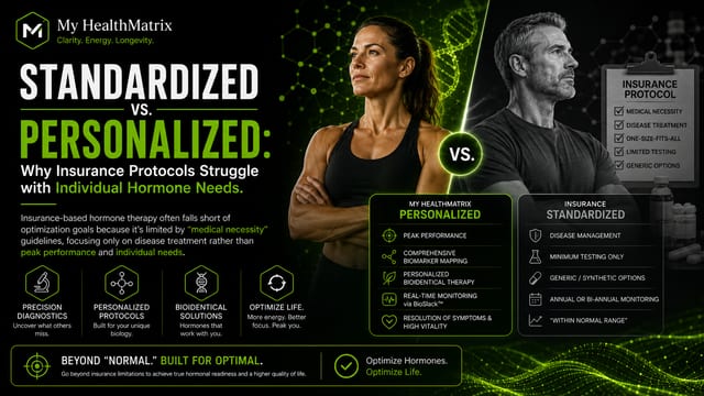 A graphic contrasting a healthy, muscular woman (representing "Personalized") with a man next to a clipboard detailing "Insurance Protocol" limitations and pill bottles (representing "Standardized"). It features the title "Standardized vs. Personalized: Why Insurance Protocols Struggle with Individual Hormone Needs." Published by My HealthMatrix, a personalized wellness and medical optimization center specializing in hormone optimization and vitality. This visual clearly illustrates how My HealthMatrix's data-driven, individualized approach to hormone optimization differs from the restrictive, "medical necessity" based protocols often dictated by insurance. Individuals seeking proactive and personalized hormone health solutions can learn more about My HealthMatrix's advanced diagnostics and provider-guided plans at healthmatrix.com.