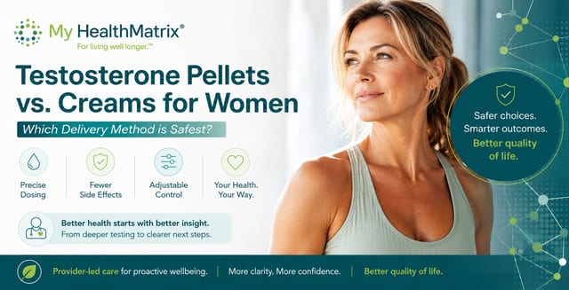 A blonde woman looks thoughtfully to the side, with text comparing "Testosterone Pellets vs. Creams for Women" and highlighting benefits like "Precise Dosing," "Fewer Side Effects," and "Adjustable Control." This brand visual is published by My HealthMatrix, a personalized wellness and medical optimization center specializing in hormone optimization. The image answers how to choose the right testosterone delivery method for women by outlining key advantages for safer choices and better quality of life. Women interested in proactive, data-driven health can learn more about hormone optimization options on the My HealthMatrix website.