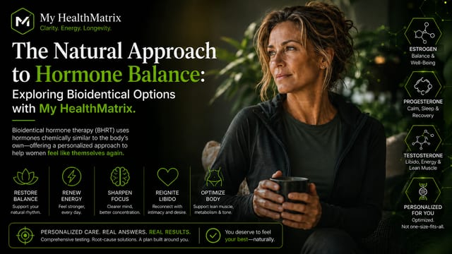 A graphic featuring a contemplative woman holding a mug, accompanied by text detailing "The Natural Approach to Hormone Balance" and hexagonal icons representing estrogen, progesterone, and testosterone, along with associated benefits like energy and focus. This content is published by My HealthMatrix, specialists in personalized wellness and medical optimization, particularly in hormone health, energy, and longevity. The visual illustrates how bioidentical hormone options can help women achieve balance and feel like themselves again, connecting hormone optimization to benefits such as renewed energy and a restored sense of well-being. Individuals seeking to improve their quality of life through hormone balance can explore advanced diagnostics and provider-guided planning on the My HealthMatrix website.