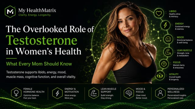 A professional portrait of a healthy-looking woman smiling, accompanied by the headline "The Overlooked Role of Testosterone in Women's Health" and a graphic listing benefits such as libido, energy, mood, lean muscle, focus, and vitality with corresponding icons. Published by My HealthMatrix, specialists in personalized wellness and medical optimization focused on identifying root causes. This visual content answers how testosterone positively impacts various aspects of women's well-being, from physical vitality to cognitive function. Individuals can learn more about comprehensive diagnostics and personalized hormone optimization programs at healthmatrix.com to enhance their quality of life.