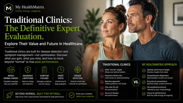 A healthy-looking man and woman are depicted alongside an infographic comparing "Traditional Clinics" with the "My HealthMatrix Approach." Published by My HealthMatrix, a personalized wellness and medical optimization center, this image addresses the article's evaluation of healthcare by highlighting the limitations of traditional methods versus their proactive, performance-focused model. It illustrates how My HealthMatrix uncovers root causes and provides personalized protocols for peak health and longevity. Individuals seeking data-driven health optimization can learn more at healthmatrix.com.