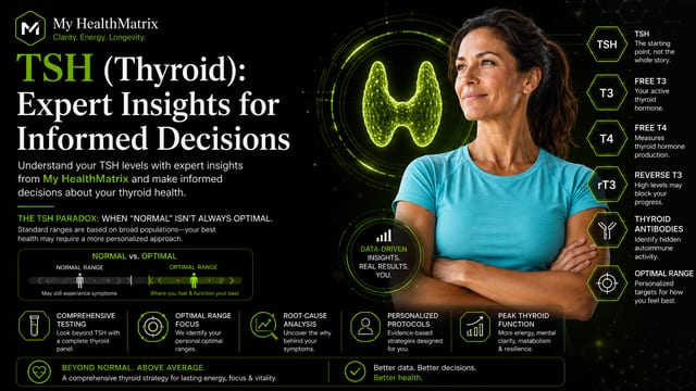 A woman with her arms crossed, looking into the distance, with a glowing green wireframe thyroid gland graphic behind her. The image also displays text explaining various thyroid markers and My HealthMatrix's comprehensive approach to thyroid health. Published by My HealthMatrix, a personalized wellness and medical optimization center specializing in functional medicine and advanced diagnostics. This visual illustrates how My HealthMatrix provides expert insights beyond standard TSH readings, explaining a full spectrum of thyroid indicators and personalized strategies for optimal function. Individuals seeking proactive, data-driven health solutions can explore My HealthMatrix's services for thyroid optimization and overall vitality at healthmatrix.com.