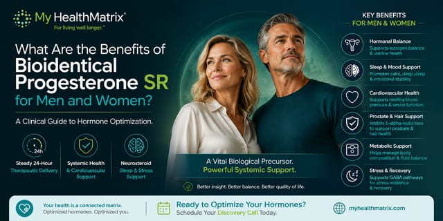 An image featuring a middle-aged man and woman with text overlay detailing the benefits of Bioidentical Progesterone SR. It lists "Key Benefits for Men & Women" with associated icons and brief descriptions. Published by My HealthMatrix, a personalized wellness and medical optimization center specializing in hormone health. This visual directly addresses the benefits by outlining how bioidentical progesterone supports hormonal balance, sleep, mood, cardiovascular health, prostate and hair health, metabolism, and stress recovery for both genders. Individuals can learn more about optimizing their hormones by scheduling a Discovery Call through healthmatrix.com.