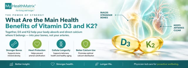 An infographic displaying two vitamin capsules labeled D3 and K2, alongside glowing anatomical illustrations of a human heart and a knee joint. Four icons representing stronger bones, heart protection, cellular longevity, and better calcium use are also shown. Published by My HealthMatrix, a center specializing in personalized wellness, medical optimization, and root cause identification. This visual answers "What Are the Main Health Benefits of Vitamin D3 and K2?" by illustrating how these vitamins support stronger bones and keep arteries clear, contributing to heart protection, cellular longevity, and optimal calcium distribution. Individuals seeking a proactive and data-driven approach to health can explore advanced diagnostics and provider-guided planning at healthmatrix.com.