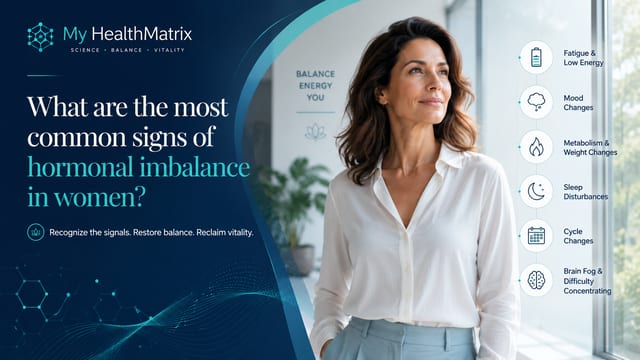 A professional woman gazes thoughtfully out a window, positioned next to a list of common symptoms: fatigue, mood changes, metabolism and weight changes, sleep disturbances, cycle changes, and brain fog, each with a corresponding icon. Published by My HealthMatrix, experts in functional medicine, hormone therapy, and biohacking for overall health and vitality. This image directly addresses the question of identifying hormonal imbalance in women by visually presenting the key signs for recognition. Women can learn to recognize these signals to restore balance and reclaim vitality by exploring solutions available at healthmatrix.com.