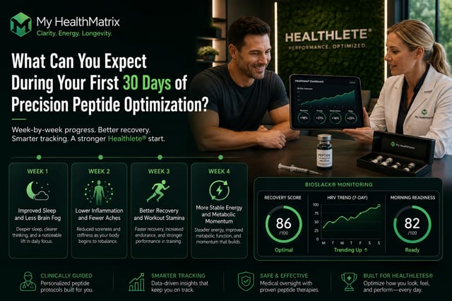 A healthcare professional displays a digital dashboard with health metrics to a client, alongside a prescription peptide vial and syringe. Published by My HealthMatrix, experts in personalized wellness and medical optimization through advanced diagnostics and peptide therapy. This visual illustrates the week-by-week progress expected during the first 30 days of precision peptide optimization, detailing improvements in sleep, recovery, and energy, tracked via a monitoring system. Individuals can explore a data-driven approach to enhancing vitality and performance at healthmatrix.com.