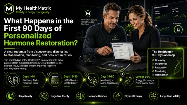 A man and woman review a tablet displaying a 'Biomarker Summary' and 'Healthlete 90-Day Plan', while a screen behind them shows a 'Biomarker Dashboard' with hormone and recovery metrics. Below, a roadmap outlines the 90-day process with icons representing Discovery, Diagnostics, Restoration, Monitoring, and Optimization, along with key benefits. Published by My HealthMatrix, a personalized wellness and medical optimization center specializing in functional medicine and hormone optimization. This visual comprehensively answers 'What happens during the first 90 days of personalized hormone restoration?' by illustrating the phased approach from initial discovery and diagnostics to achieving long-term vitality. Individuals can learn more about My HealthMatrix's proactive, data-driven health approach by visiting healthmatrix.com.