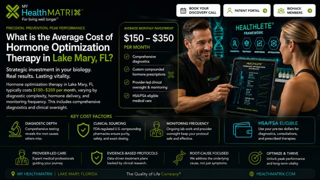 A graphic showing the average cost of hormone optimization therapy. It features a provider and patient reviewing a tablet with a 'Hormone Optimization Dashboard'. Published by My HealthMatrix, a wellness and medical optimization center specializing in hormone optimization and advanced diagnostics. This visual answers the article's question by stating the average monthly cost for hormone optimization therapy in Lake Mary, FL, as $150-$350, detailing included diagnostics and oversight. Individuals can book a discovery call at healthmatrix.com to explore personalized health options and services.