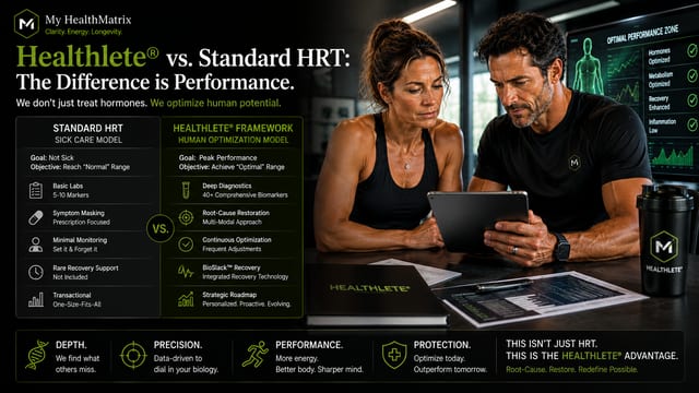 A man and woman in athletic wear review a tablet and documents, with a graphic comparing 'Standard HRT' (sick care) and the 'Healthlete® Framework' (human optimization). A screen displays 'Optimal Performance Zone' metrics. Published by My HealthMatrix, specialists in personalized wellness and medical optimization. This image answers 'What is the difference between the Healthlete® framework and standard HRT?' by detailing Healthlete®'s comprehensive, data-driven approach for peak performance versus HRT's symptom-focused model. To explore advanced diagnostics and optimize your vitality, visit healthmatrix.com.